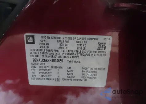 2017 Chevrolet Equinox Lt из США, поврежденный, VIN 2GNALCEK8H1504665